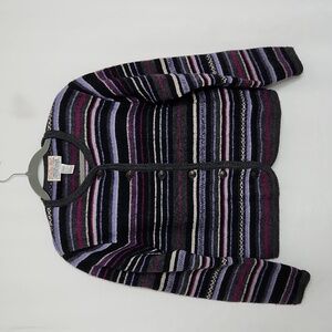 Tally Ho Womens Vintage Button Front Wool Cardigan Size M Purple/Black/Grey Stri